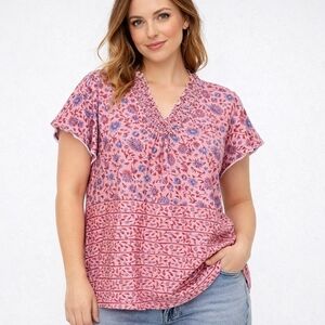 FDJ Oversized Pink and Blue Floral Ruffled Flutter Sleeves Blouse